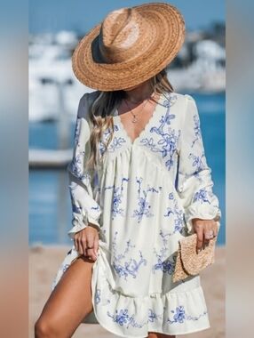 Cupshe Boho Orchids Ruffuled Mini Dress, Blue & Cream